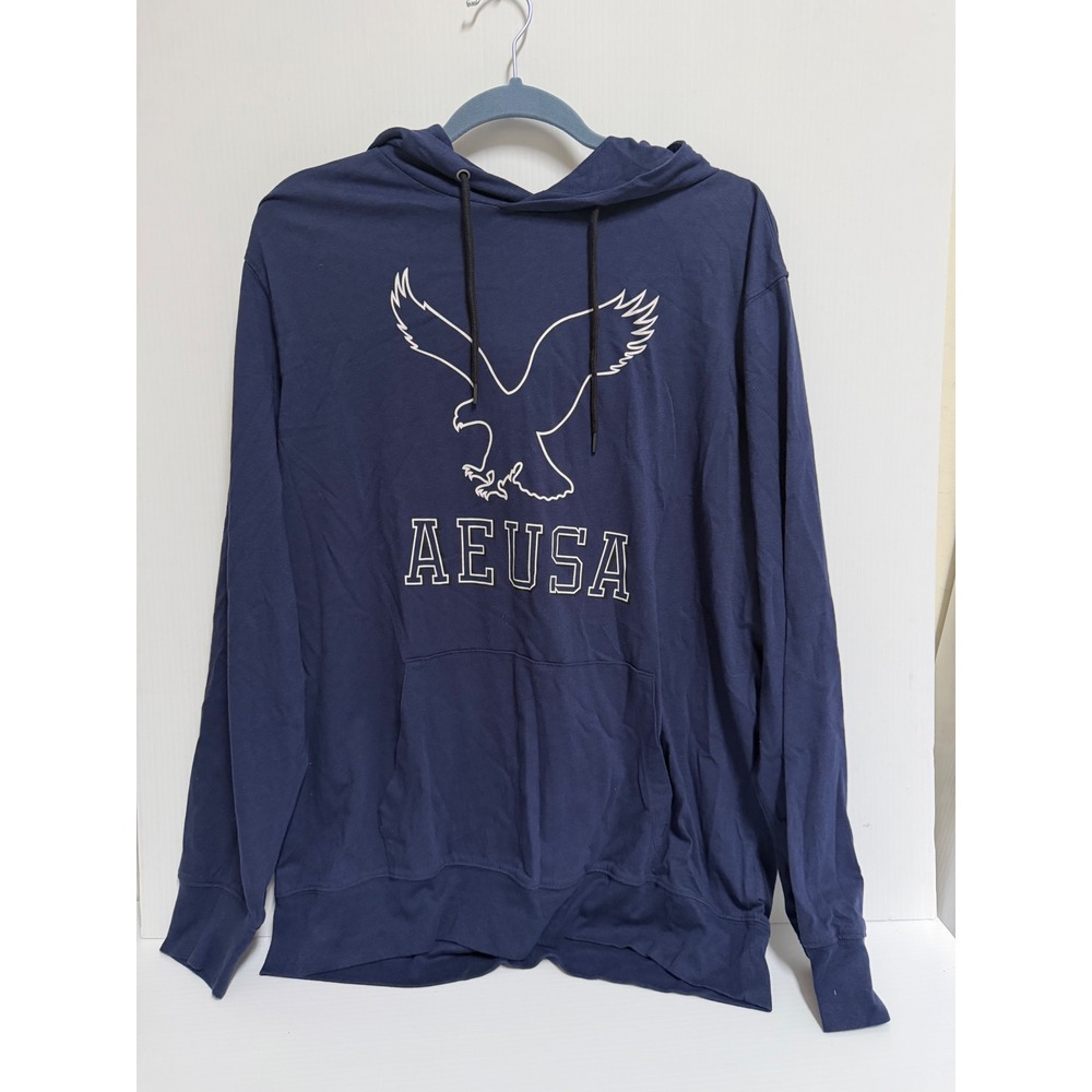 American Eagle Mens Navy Blue AEUSA Eagle Graphic Hooded Long Sleeve Tee XL